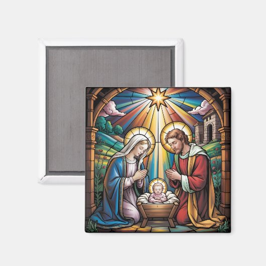 Nativity Stained Glass Art – Holy Family Christmas Magneet (Voorkant / Achterkant)