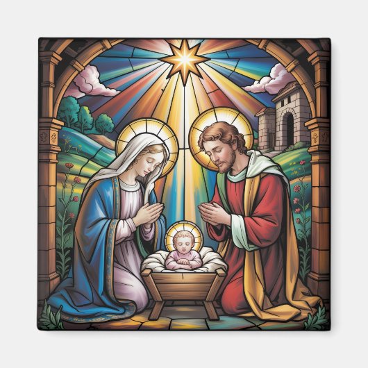 Nativity Stained Glass Art – Holy Family Christmas Magneet (Voorkant)