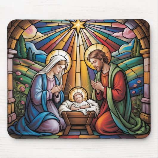 Nativity Stained Glass Art – Holy Family Christmas Muismat (Voorkant)