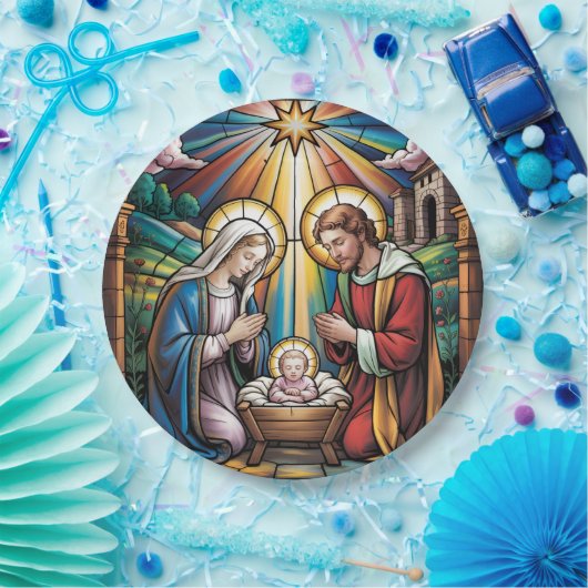 Nativity Stained Glass Art – Holy Family Christmas Papieren Bordje (Feest)