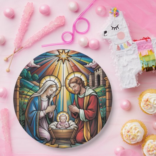 Nativity Stained Glass Art – Holy Family Christmas Papieren Bordje (Feest)