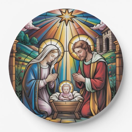 Nativity Stained Glass Art – Holy Family Christmas Papieren Bordje (Voorkant)