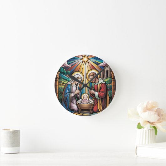 Nativity Stained Glass Art – Holy Family Christmas Ronde Klok (Huis)