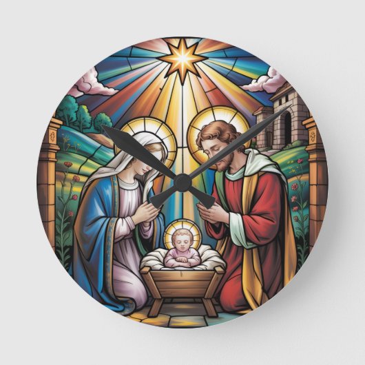 Nativity Stained Glass Art – Holy Family Christmas Ronde Klok (Voorkant)