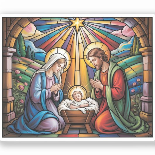 Nativity Stained Glass Art – Holy Family Christmas Sticker (Voorkant)