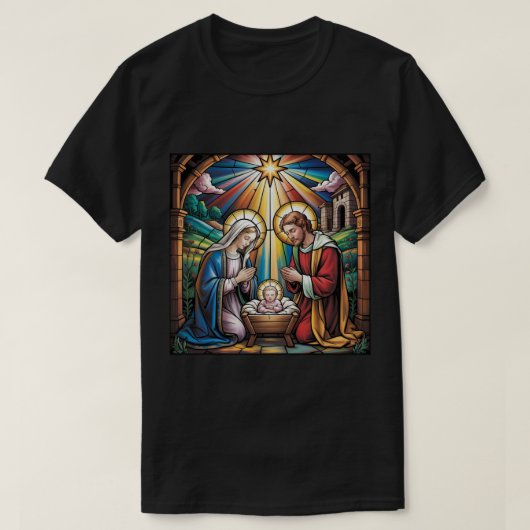 Nativity Stained Glass Art – Holy Family Christmas T-shirt (Design voorkant)