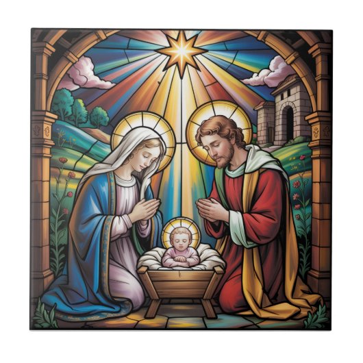 Nativity Stained Glass Art – Holy Family Christmas Tegeltje (Voorkant)