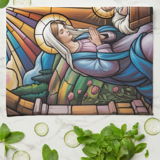 Nativity Stained Glass Art – Holy Family Christmas Theedoek (Gevouwen)