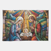 Nativity Stained Glass Art – Holy Family Christmas Theedoek (Horizontaal)