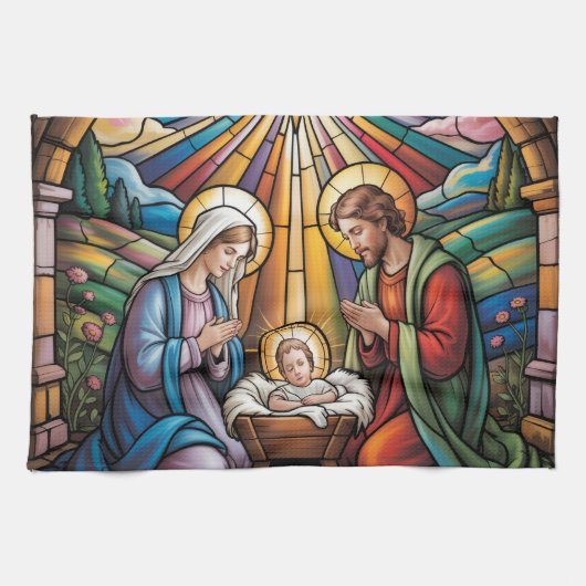 Nativity Stained Glass Art – Holy Family Christmas Theedoek (Horizontaal)