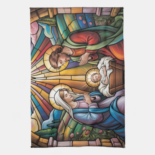 Nativity Stained Glass Art – Holy Family Christmas Theedoek (Verticaal)