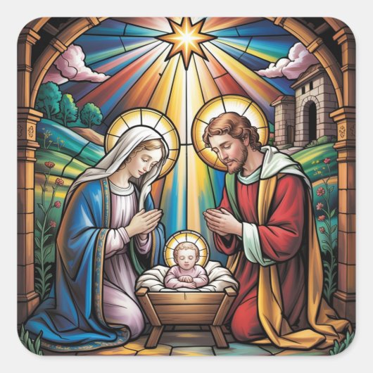 Nativity Stained Glass Art – Holy Family Christmas Vierkante Sticker (Voorkant)