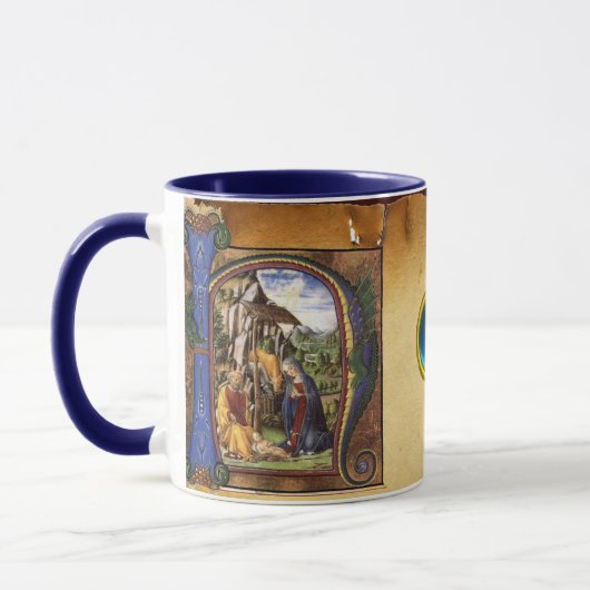 NATIVITYMONOGRAM KERSTPERKAMENT Blauwe Gem Mok (Links)