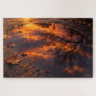 Natte Asfalt Zonsondergang Reflectie Fotografie Legpuzzel