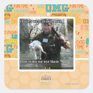 Natte kat en pistool vierkante sticker