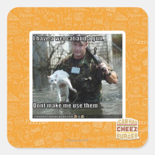 Natte kat en pistool vierkante sticker (Voorkant)