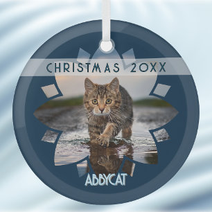 Natte kattenfoto omlijst in bloem op blauw glas ornament