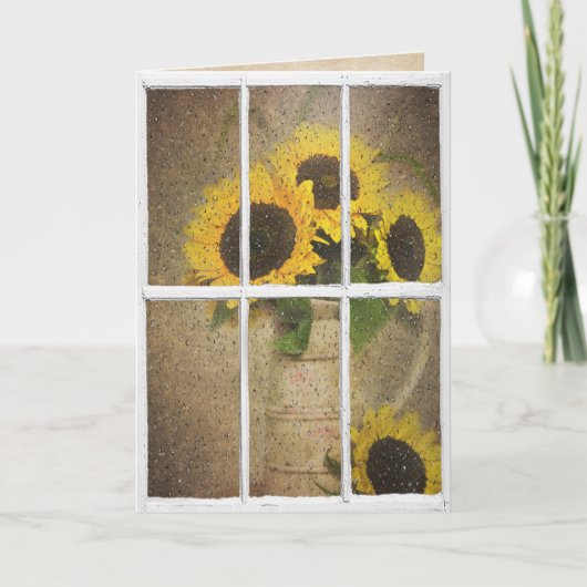 natte raam met zonnebloemboeket kaart (Voorkant)