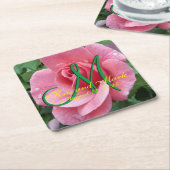 Natte roze roos monogram kartonnen onderzetters (Schuin)