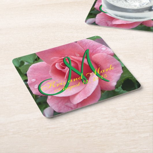 Natte roze roos monogram kartonnen onderzetters (Schuin)