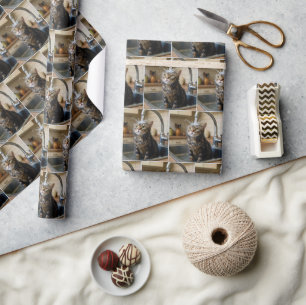 Natte tabby kat zit in een keukenbak cadeaupapier