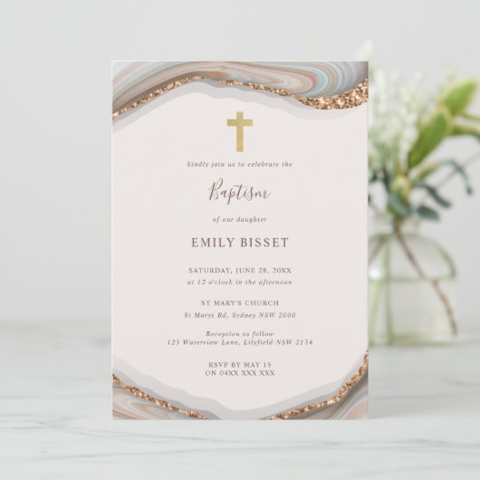 Natural Agate Marble Baptism Invitation Kaart (Staand voorkant)