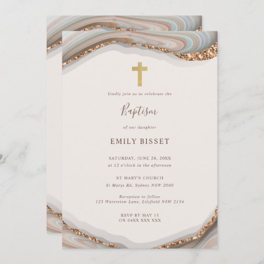 Natural Agate Marble Baptism Invitation Kaart (Voorkant / Achterkant)