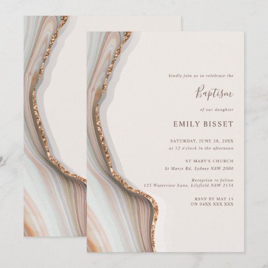 Natural Agate Marble Baptism Invitation Kaart (Voorkant / Achterkant)