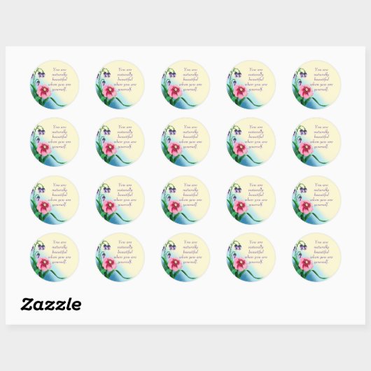 Natural Beauty Quote met roze en paarse bloemen Ronde Sticker (Vel)