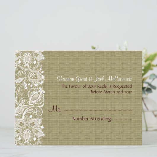 Natural Beige Linen Burlap & White Floral Lace Kaart (Staand voorkant)