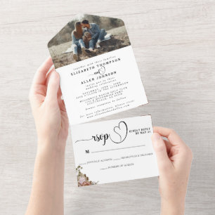 Natural Boho Cotvoordcore Floral Wedding Foto RSVP All In One Uitnodiging
