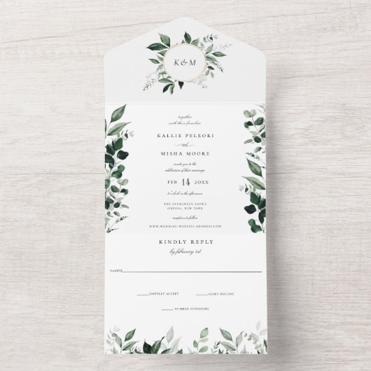 Natural Botanic Greenery Emerald Green Wedding All In One Uitnodiging (Binnen)