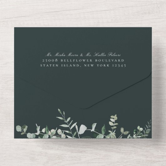 Natural Botanic Greenery Emerald Green Wedding All In One Uitnodiging (Achterkant)