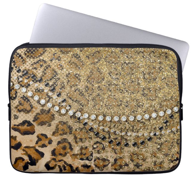 Natural Gold Leopard Animal Print Glitter look Laptop Sleeve (Voorkant)
