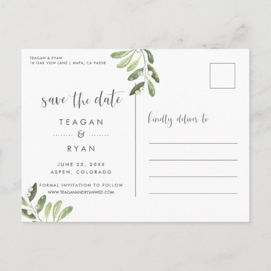 Natural Greenery | Waterverf De datum opslaan Aankondigingskaart (Achterkant)