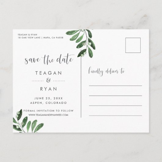 Natural Greenery | Waterverf De datum opslaan Aankondigingskaart (Achterkant)