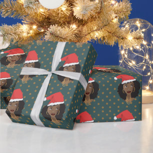 Natural Hair Santa Hat Brown Polka Dot, donker Bla Cadeaupapier