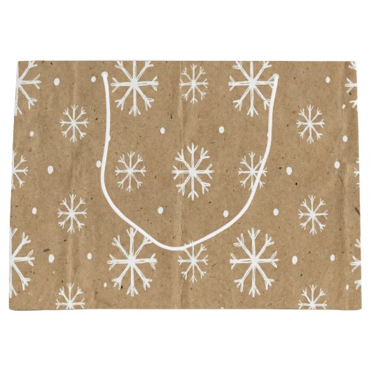 Natural Kraft Style White Snowflake Pattern Groot Cadeauzakje (Voorkant)