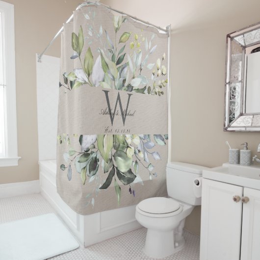 Natural Neutral Greenery Monogram Wedding Keepomwi Douchegordijn (In situ)