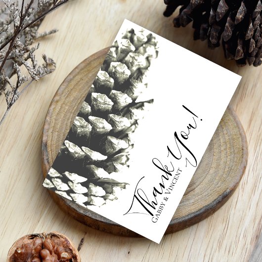 Natural Pine Cone op White Wedding Dank je Bedankkaart