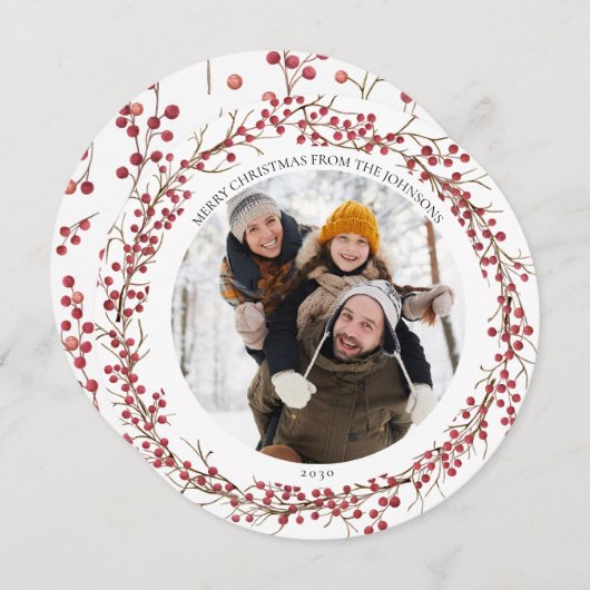 Natural Red Berry Flat Round Photo Holiday Kaart (Voorkant / Achterkant)