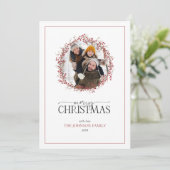 Natural Red Berry Wreath Merry kerstfoto Hol Feestdagenkaart (Staand voorkant)