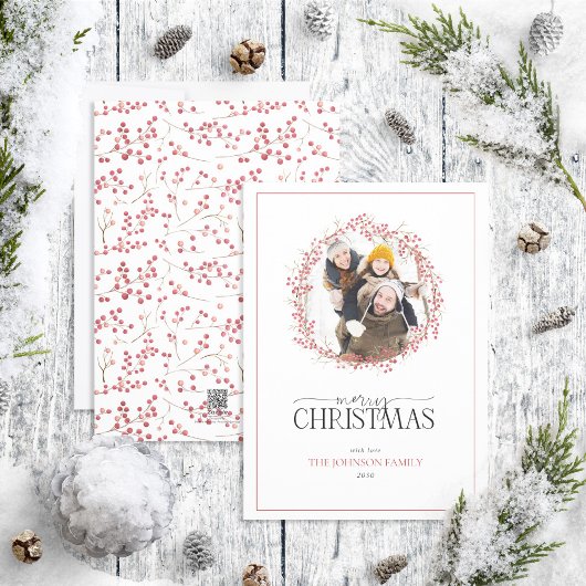 Natural Red Berry Wreath Merry kerstfoto Hol Feestdagenkaart