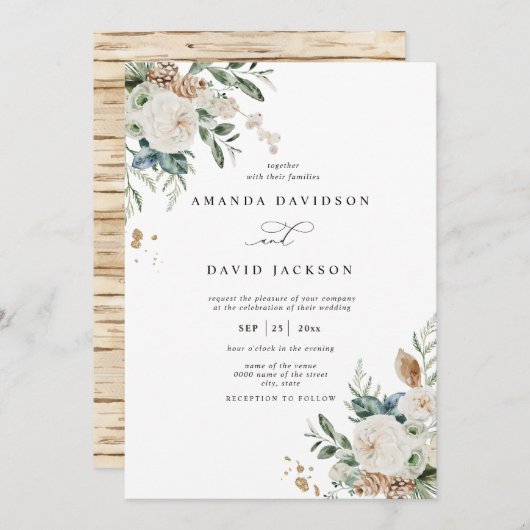 Natural Rustic Pine Greenery & Red Berries Wedding Kaart (Voorkant / Achterkant)