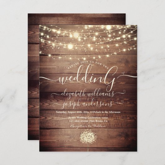 Natural Rustic Wood & White Lights String bruiloft Kaart (Voorkant / Achterkant)