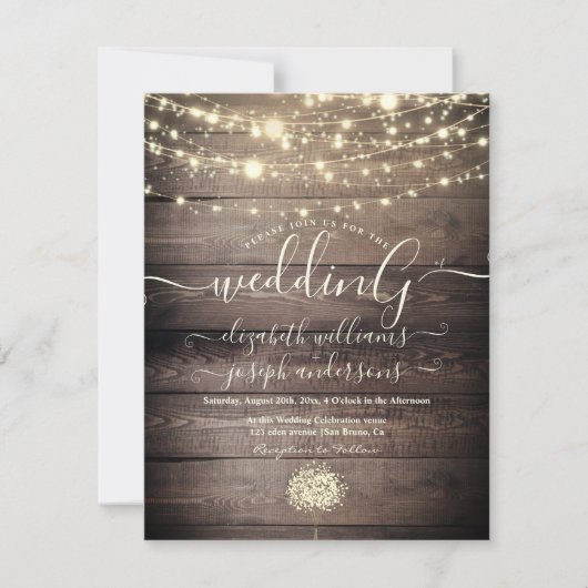 Natural Rustic Wood & White Lights String bruiloft Kaart (Voorkant)