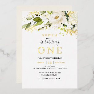 Natural Soft Cream White Floral Girl 1e verjaardag Folie Uitnodiging