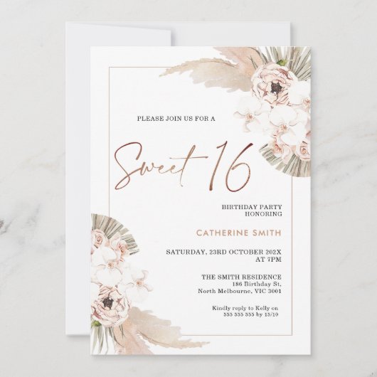 Natural Tones Boho Pampas Grass Sweet 16 Birthday Kaart (Voorkant)