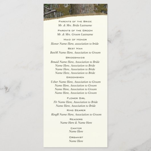 Natural Tree en Leave Camo Wedding Programma Programmakaart (Achterkant)