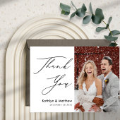 Natural White Elegant Script Modern Photo Wedding Bedankkaart